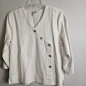 Hot Cotton Women's Linen Blend Top Button Accents V-neck 3/4 Sleeve Ivory M
